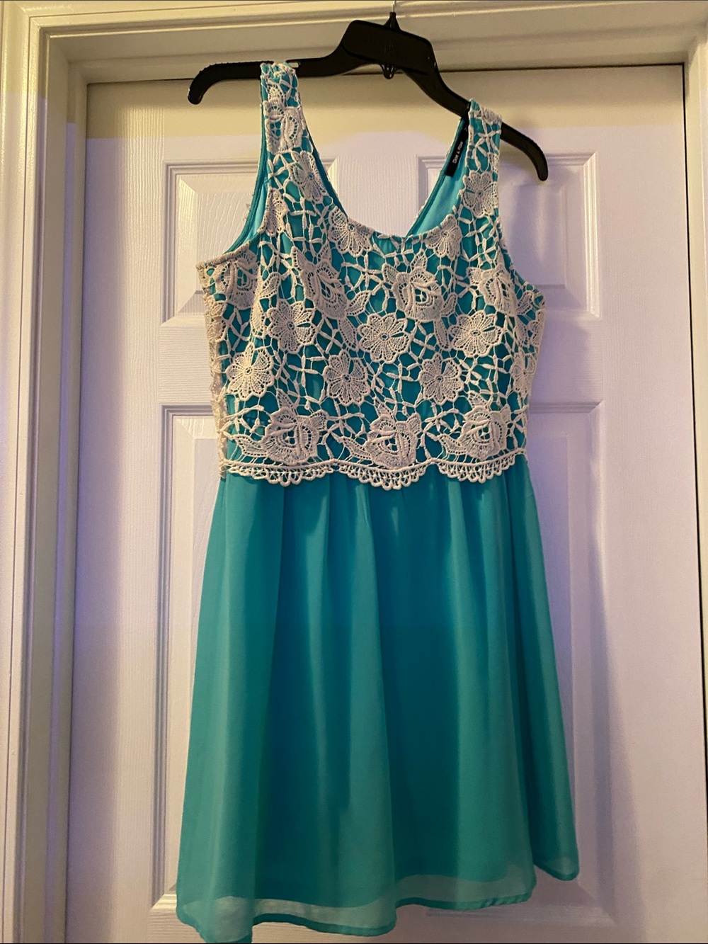 Doe & Rae Turquoise Mini Dress with White Crochet Lace